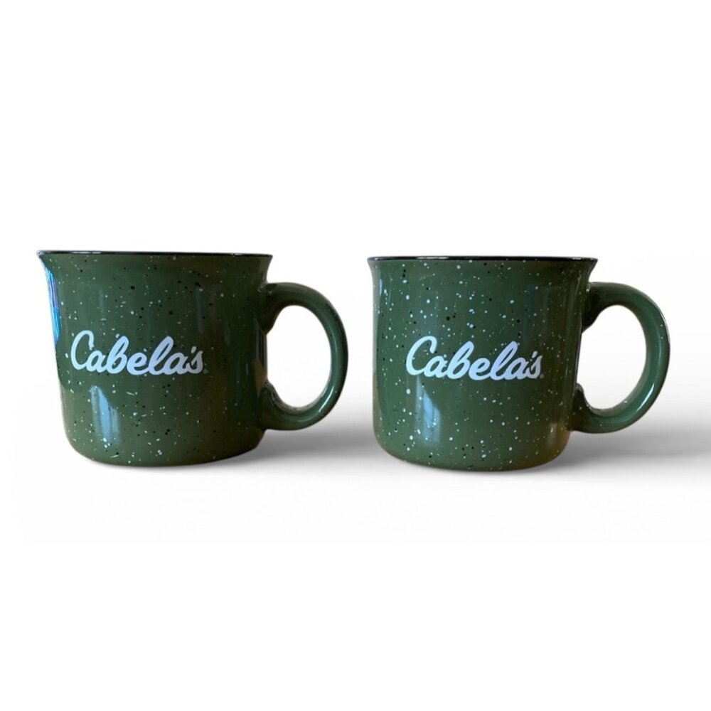 Set ofTwo Cabela’s Ceramic Coffee Cups 16 Oz Green Vintage Speckle Style